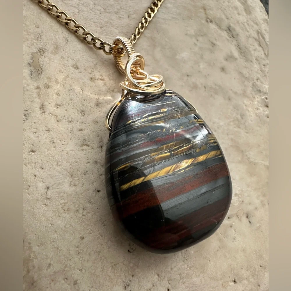 14k Gold Filled Tiger Eye Stone Necklace Pendant